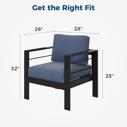 Kiss the Water Outdoor Patio Metal Furniture Chair, 2 PCS All-Weather Aluminum Outdoor Sofa with 5" Thick Soft Cushion and Wide Arm, Deep Seating Patio Couch for Balcony, Porch, Backyard
