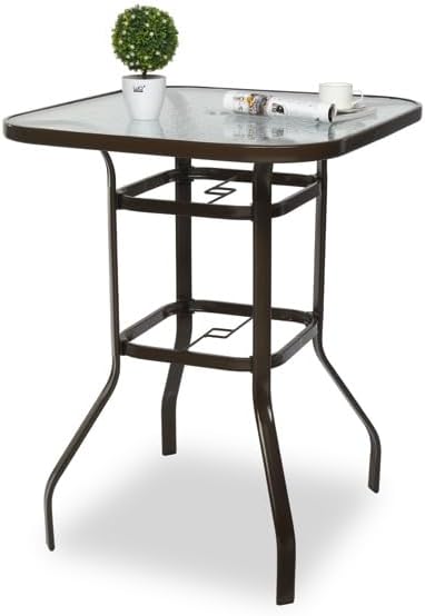 Outdoor Bar Table with Umbrella Hole, End Table with Glass Top, Patio Coffee Bistro Table for Indoor Garden Porch Balcony (Brown, Square 31x31x40in)