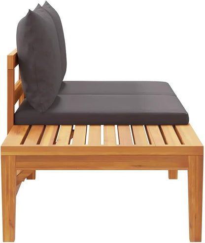 Outdoor Garden Bench with Integrated Table, 2-Person Acacia Wood Seating, Patio Loveseat with Plush Cushions, Dark Grey, 68.9 inch