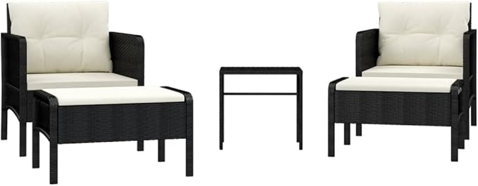 vidaXL Poly Rattan Patio Lounge Set - Five-Piece Garden Furniture Set with Soft Cushions and Sturdy Tabletop - Black and White