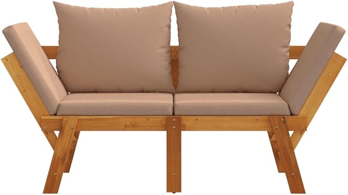 Taupe Solid Acacia Wood Garden Bench with Removable Cushions, Convertible Daybed Design, Adjustable Armrests, Weather Resistant Outdoor Furniture for Patio and Backyard