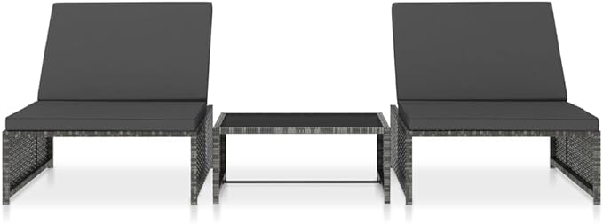 Gray Poly Rattan Reclining Patio Chairs, 2 pcs with Glass Top Table, Outdoor Chaise Lounge Set, Weatherproof Garden Furniture