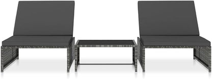 Gray Poly Rattan Reclining Patio Chairs, 2 pcs with Glass Top Table, Outdoor Chaise Lounge Set, Weatherproof Garden Furniture