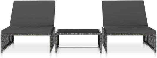 Gray Poly Rattan Reclining Patio Chairs, 2 pcs with Glass Top Table, Outdoor Chaise Lounge Set, Weatherproof Garden Furniture