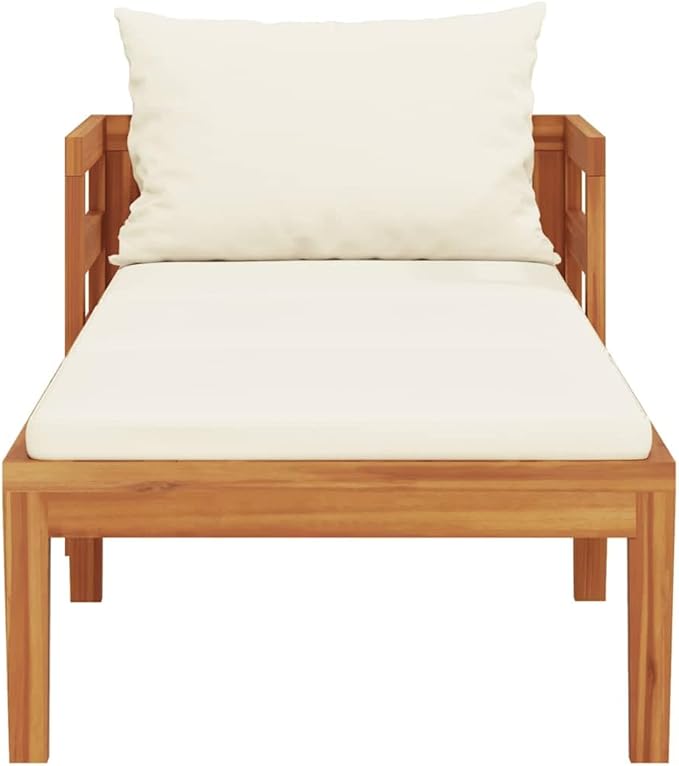 Solid Acacia Wood Patio Sun Lounger, Outdoor Chaise Lounge Chair with Cream White Cushions - Photo 4