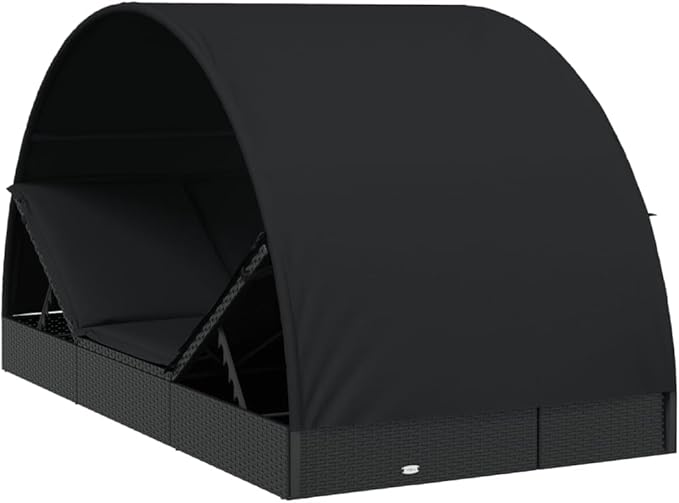 2-Person Outdoor Chaise Lounge Black Rattan Sunbed 83x44x55 in Weather-Resistant Fabric Cushions Adjustable Armrest for Patio Garden Poolside Deck