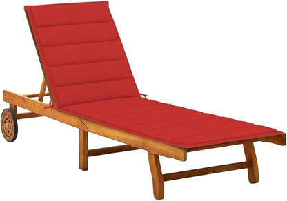 Sunlounger Brown Wood Red Cushion Solid Acacia Wood Large Adjustable Backrest with Pull-Out Table and Wheels for Outdoor Relaxation Patio Garden Balcony Sunbathing