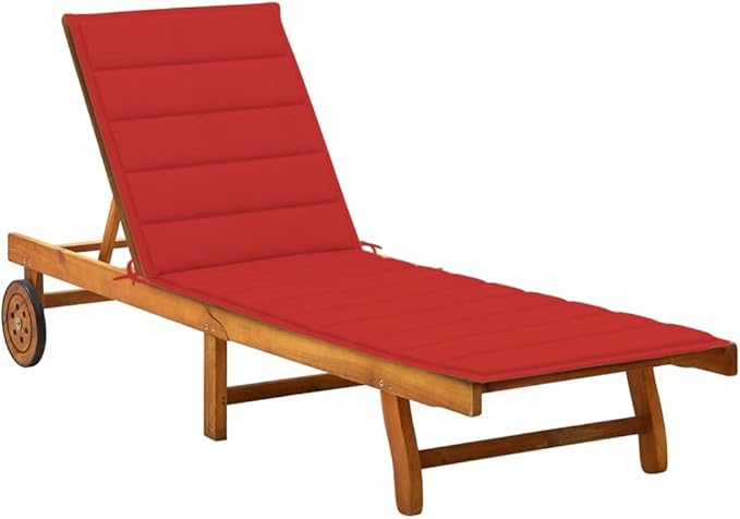 Large Solid Acacia Wood Sun Lounger with Red Cushion for Patio and Poolside, Comfortable Outdoor Chaise Lounge for Relaxing, Durable Brown Wood Furniture