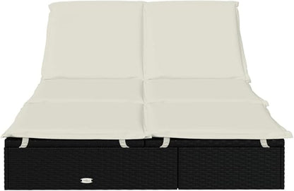 Double Outdoor Chaise Lounge, 79.1" Wicker Reclining Patio Lounge Chair with 5-Angle Backrest, All-Weather PE Rattan, Cream Cushions, for Poolside, Garden, Balcony Use