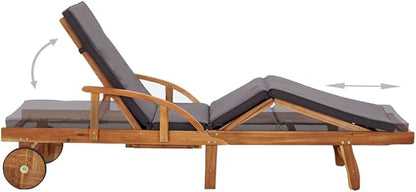 Solid Acacia Wood Sun Lounger with Dark Grey Cushions, 100% Polyester Outdoor Chaise Lounge for Garden Terrace Poolside, Removable Covers and Pull-Out Table, Durable Patio