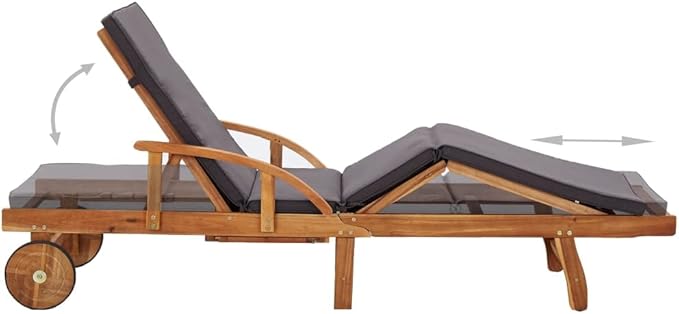 Acacia Wood Outdoor Chaise Lounge w/Grey Cushion 78.7" Poolside Recliner Pull-Out Table for Garden Patio Sunbathing - Photo 4