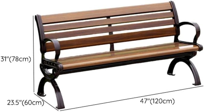 LITFAD Outdoor Bench Modern Park Bench with Corrosion Resistant Metal Frame, Dark Brown Wooden Seating with Backrest, Garden Bench for Patio, Lawn, Yard, Porch - Type G, 47" L x 23.5" W x 31" H