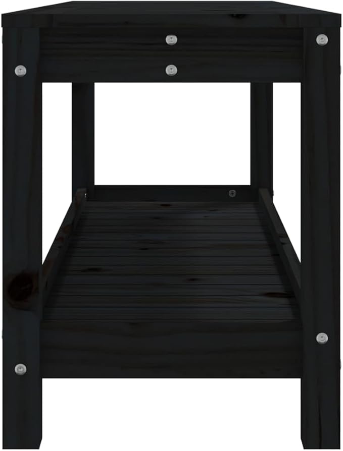 vidaXL Patio Bench in Black Pine: Solid Wood Garden Seat with Practical Shelf and Slatted Design, Great for Patios - Photo 6