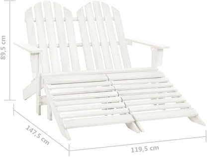 White Fir Wood 2-Seater Ergonomic Adirondack Chair with Ottoman for Outdoor Patio Garden, Durable Comfortable Lounge Furniture for Relaxation