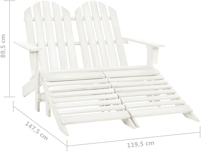 White Fir Wood 2-Seater Ergonomic Adirondack Chair with Ottoman for Outdoor Patio and Garden Relaxation, Durable Solid Wood Construction with Slanted Backrest for Comfortable
