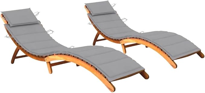 Foldable Sun Lounger Set of 2, Solid Acacia Wood Outdoor Chaise Lounge with Grey Cushions - Photo 1