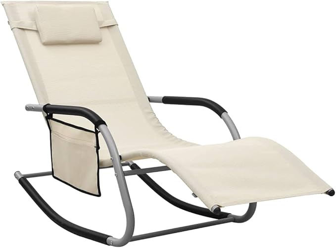 Sun Lounger Outdoor Chaise Lounge Textilene Cream & Gray 22.44 KG Powder-Coated Steel Frame with Pillow & Side Bag for Garden Patio Poolside Beach
