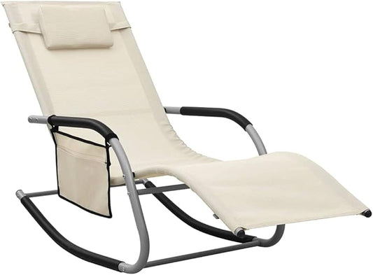 Sun Lounger Outdoor Chaise Lounge Textilene Cream & Gray 22.44 KG Powder-Coated Steel Frame with Pillow & Side Bag for Garden Patio Poolside Beach