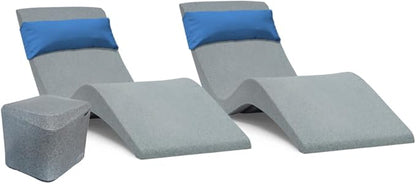 Aqua Outdoors in-Pool Chaise Set - Two Chaises - Two Headrest Pillows and One in Pool Side Table - for ledges up to 9" inches (Grey Granite-Blue)