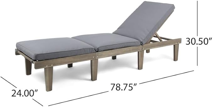 Acacia Wood Outdoor Chaise Lounge Chair with Cushion, Adjustable Recline Patio Lounger for Pool - Photo 2