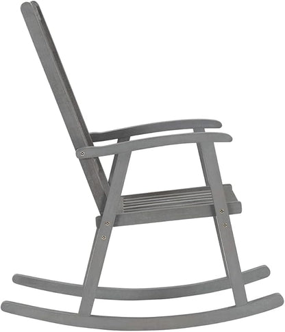 Wooden Rocking Chair with Cream Cushions, Large Solid Acacia Wood Vintage Grey Porch Rocker for Indoor Outdoor Patio Garden Living Room
