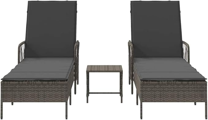 3-Piece Outdoor Sun Lounger Set Grey Dark Grey Poly Rattan Adjustable Recliner Chaise w/Table 21.65x78.74x36.22 in for Patio Poolside Garden Terrace