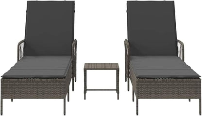 Gray Poly Rattan Sun Lounger Set 2 pcs w Table, 13.8" x 13.8" x 12.6", Adjustable Reclining Outdoor Chaise Lounge Chairs for Pool Patio Deck Garden