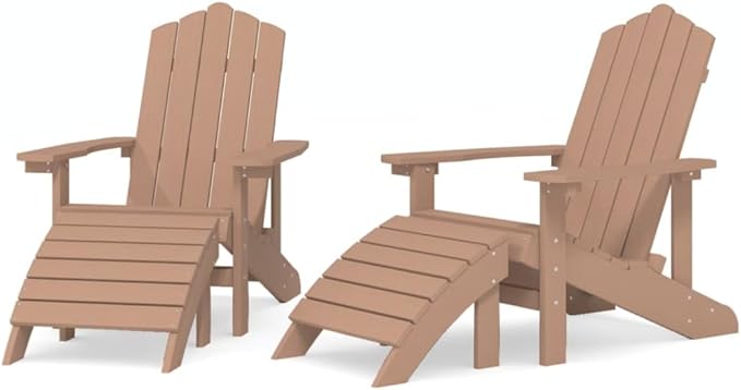 Brown HDPE Adirondack Chair Set with 2 Chairs and 2 Footstools for Outdoor Patio Garden Terrace - Photo 3