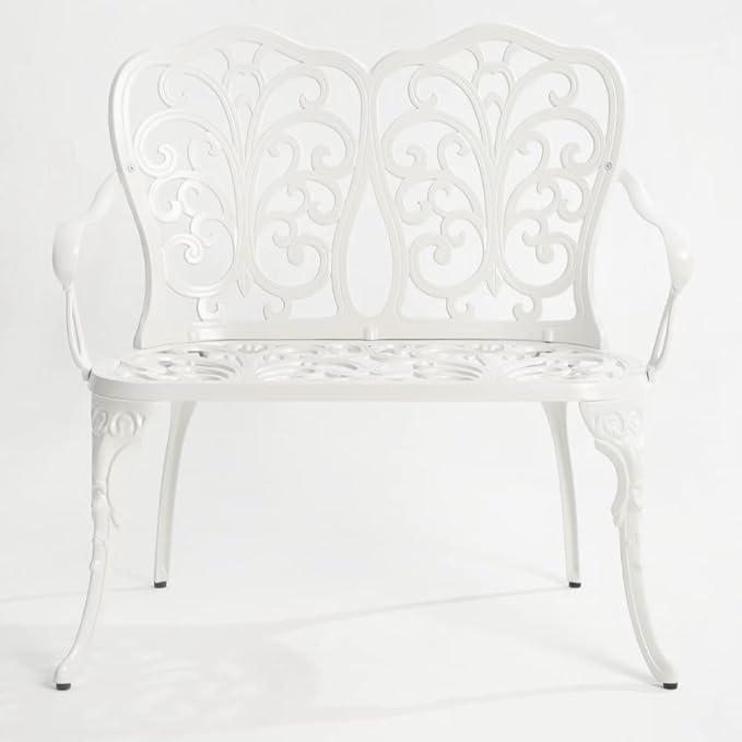 Patio Aluminum Outdoor Bench, Garden Metal Loveseat Furniture, Vintage Carving Antique White Front Porch Chair Seat