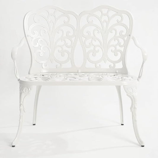Patio Aluminum Outdoor Bench, Garden Metal Loveseat Furniture, Vintage Carving Antique White Front Porch Chair Seat