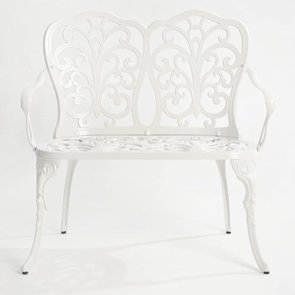 Patio Aluminum Outdoor Bench, Garden Metal Loveseat Furniture, Vintage Carving Antique White Front Porch Chair Seat