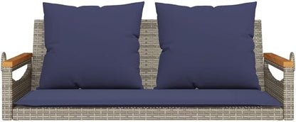 Gray Navy Blue Patio Swing Bench 2 Seater PE Rattan Outdoor Furniture with Weather-Resistant Fabric and Sturdy Steel Frame for Garden Balcony Relaxation