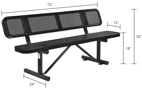Global Industrial 6'L Heavy Duty Outdoor Steel Picnic Bench with Backrest, Perforated Metal, Portable Outdoor Bench, 1000 lbs Capacity, Black, 72" L x 24" W x 33" H