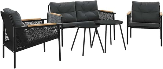 Modern 5-Piece Balcony Furniture Set Black, Outdoor Patio Bistro with Cushions, Powder-Coated Steel Garden Conversation Set for Small Spaces, Balcony, Terrace, Porch