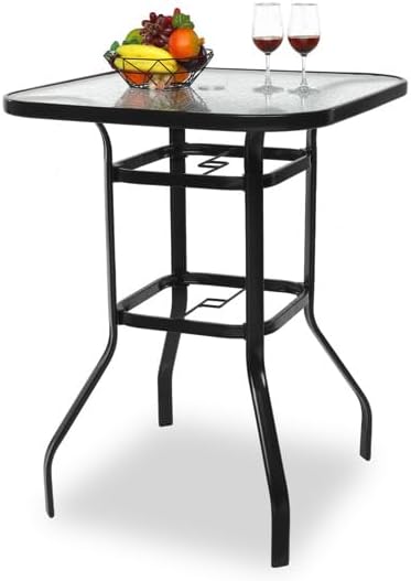 Outdoor Bar Table with Umbrella Hole, End Table with Glass Top, Patio Coffee Bistro Table for Indoor Garden Porch Balcony (Black, Square 31x31x40in)
