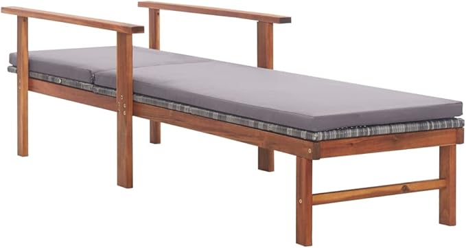 78.7" Grey Outdoor Chaise Lounge Sun Lounger with Adjustable Backrest, Acacia Wood Frame & Removable Cushion - Photo 4