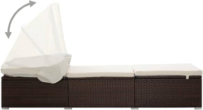 Sun Lounger with Canopy Brown Rattan Outdoor Chaise Lounge 23.6"x76.8"x43.3" Cream Cushion Patio Poolside Furniture for Garden Balcony or Terrace