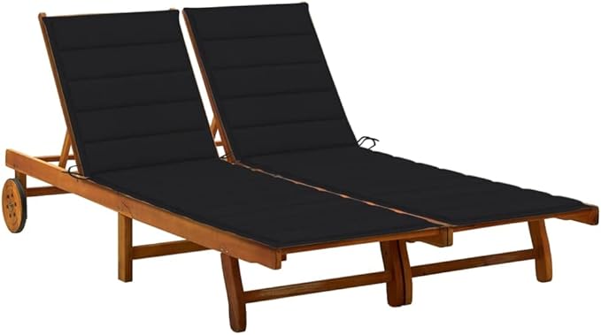 2-Person Outdoor Sun Lounger, Solid Acacia Wood Double Garden Daybed with Adjustable Backrest, Wheeled Patio Lounge Chair with Weather-Resistant Cushions, Brown