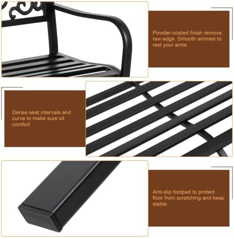 50" Outdoor Garden Bench, Patio Furniture Metal Outdoor Chair with Steel Frame, Weather Proof 2-Person Outdoor Loveseat with Butterfly Backrest for Park, Porch, Pool, Backyard