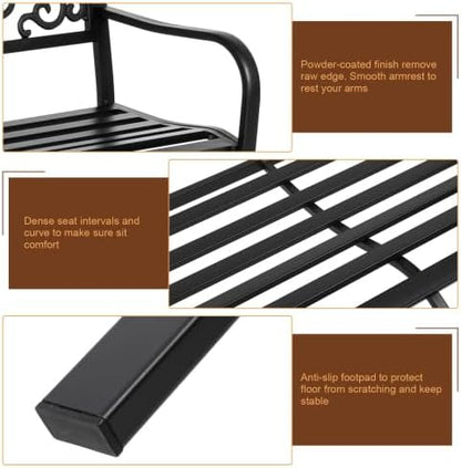 50" Outdoor Garden Bench, Patio Furniture Metal Outdoor Chair with Steel Frame, Weather Proof 2-Person Outdoor Loveseat with Butterfly Backrest for Park, Porch, Pool, Backyard