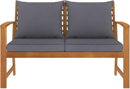 47.2x47.2in Acacia Wood Garden Bench Outdoor with Dark Grey Cushions, Rustic Patio Seating for Two, Weather-Resistant Entryway or Porch Furniture