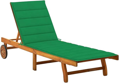 Acacia Wood Sun Lounger with Green Cushion, Adjustable Backrest for Outdoor Relaxation, Weather-Resistant Durable Construction, Easy to Move with Wheels, Comfortable