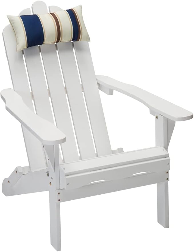 DJL White Wood Folding Adirondack Chair Outdoor Wooden Fire Pit Chair with Cushion for Lawn & Lawn, White