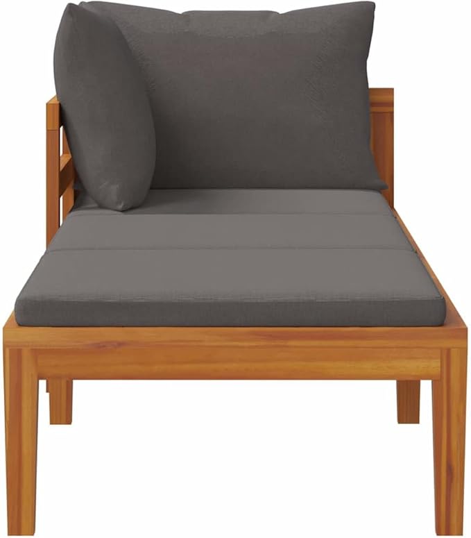 Solid Acacia Wood Sun Lounger with 1 Armrest Dark Gray Outdoor Patio Furniture Sunbed with Cushion for Garden Backyard Relaxation