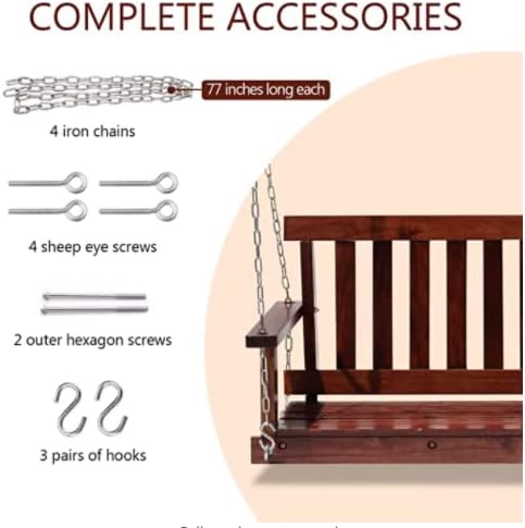 Wooden Porch Swings Outdoor Bench Swing 48inch, 2 Person Seating Hanging Porch Swing Solid Wood Patio Bench for Garden - Photo 5