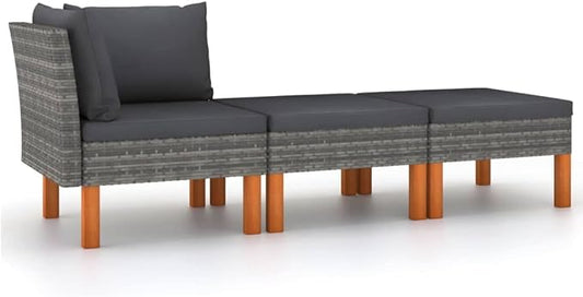 Outdoor Sectional Couch Grey, 42.33 lbs Compact PE Rattan Patio Sofa with Eucalyptus Legs for Balcony Garden Living Room