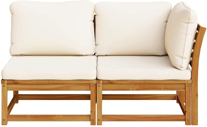 2 Piece Outdoor Sectional Sofa Set Cream White Acacia Wood Patio Couch with Removable Cushions Slatted Design Modular Small Balcony Garden Conversation for Deck Lawn Sunroom