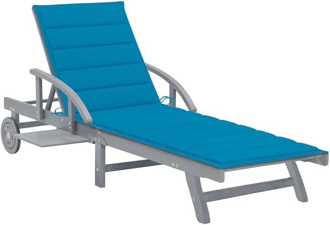 vidaXL Acacia Wood Sun Lounger with Wheels & Pull-Out Table - Outdoor Chaise Lounge Chair w/Blue Cushion for Patio - Photo 1