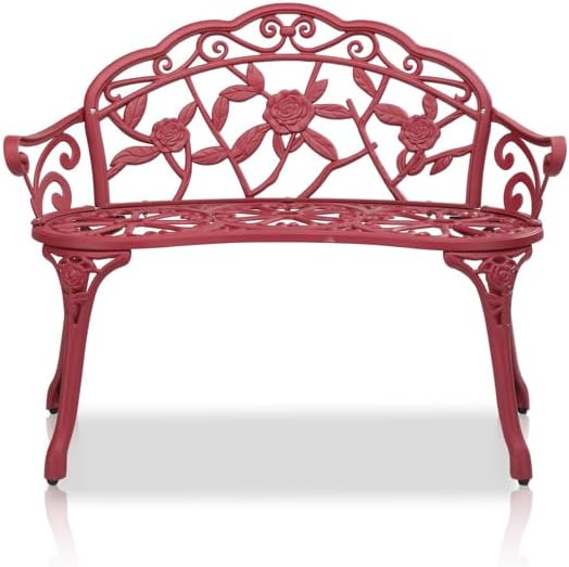 Red Patio Outdoor Park Loveseat Floral Bench for Garden Porch Deck Lawn Porch Path Yard Decor Made Cast Iron Anti-Rust Aluminum Metal, 2-3 Seater (Red Rose)