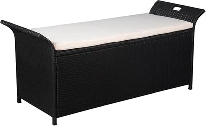 (Fast Delivery)Garden Bench Metal Frame Outdoor Seating Furniture,Patio Wicker Bench Double Seats Chair and for Porch Park Balcony Yard,All Weather Storage Bench with Cushion 54.3" Poly Rattan Black